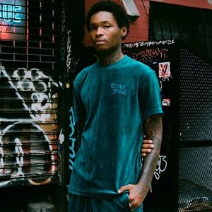 Teddy Fresh teal velour debossed logo shirt